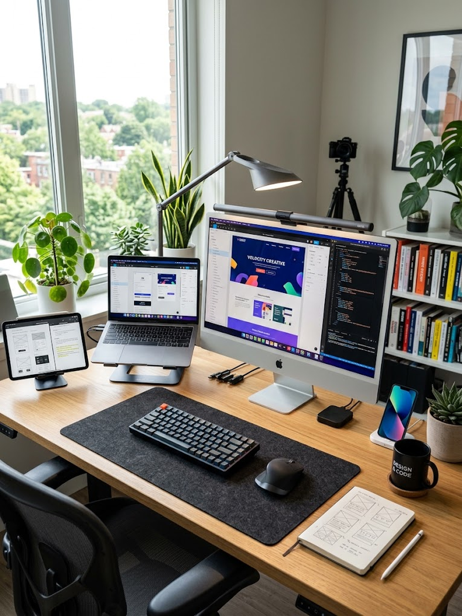 Designer workspace with website mockup